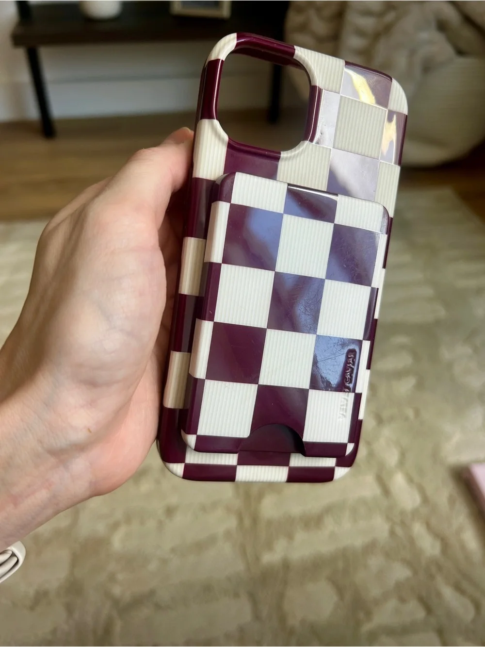 Velvet Caviar ‘Burgundy Vibe Checker’ iPhone 14 case and MagSafe wallet set